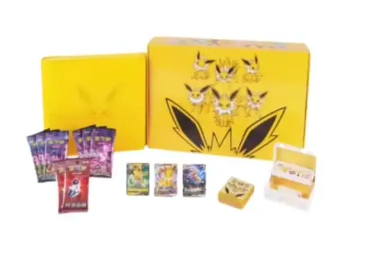 Yellow Jolteon presentation with an album-like item, pictured cards and packs and small accessory objects at the lower right