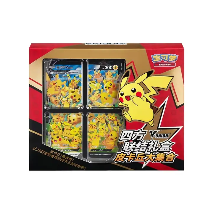 Red and gold Pikachu V-UNION window box with a four-section Pikachu card image and large Pikachu artwork on the right