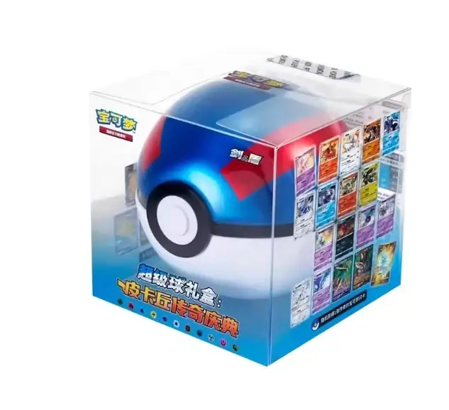 Blue and white ball with red upper markings inside a blue-bottomed retail cube with illustrated card designs on the side