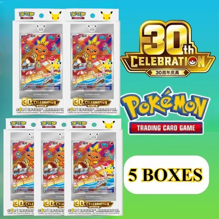 Original montage of five Torchic-front anniversary packages marked 5 BOXES, conflicting with CN-M063 eight-box order unit