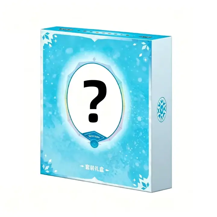Blue Glaceon-themed random-gift reference with a central question mark, snowflakes and Glaceon name
