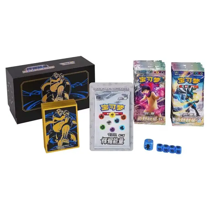 Blue-accented Urshifu art-sleeve gift arrangement with black and gold box, sleeve illustration and blue dice