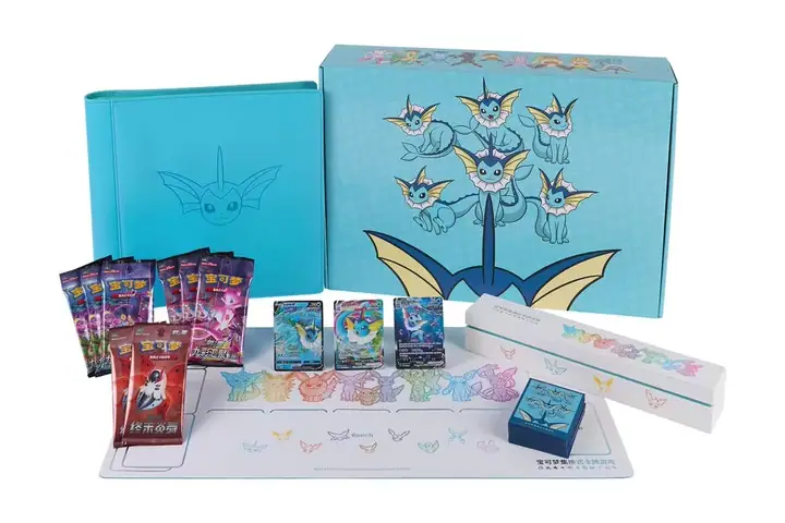 Turquoise Vaporeon gift layout with matching album-like item, pictured cards and packs and a long illustrated mat-like component
