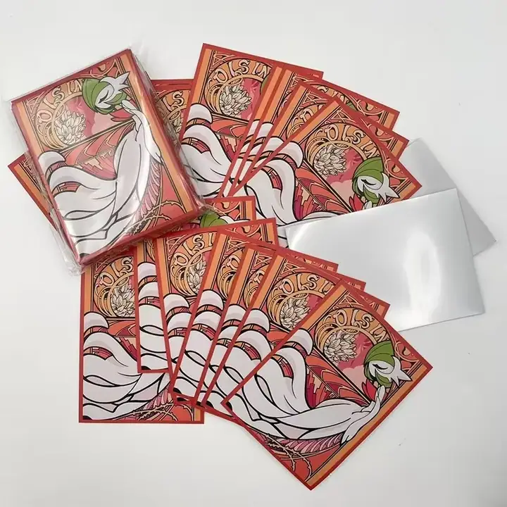 Red-bordered Gardevoir artwork sleeves fanned across a white surface, not a confirmed photograph of the Mew CN-M104 storage record