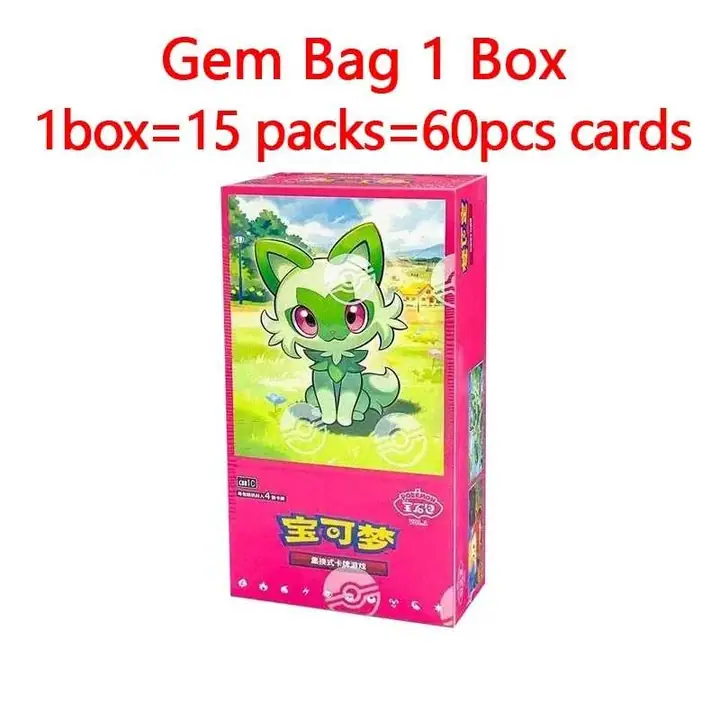 Pink Sprigatito Gem Pack Vol.1 booster-box reference with a 15-packs and 60-cards overlay