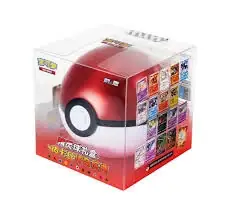 Small red and white Poké Ball retail-package reference with ball artwork and a narrow side strip of pictured card designs