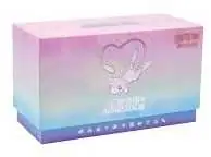 Small pastel pink to blue closed Mew-themed package with faint character outline and unreadable small title