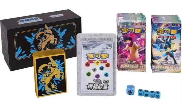 Blue-accented Ice Rider Calyrex character art on a black gift box with a matching gold sleeve and blue dice